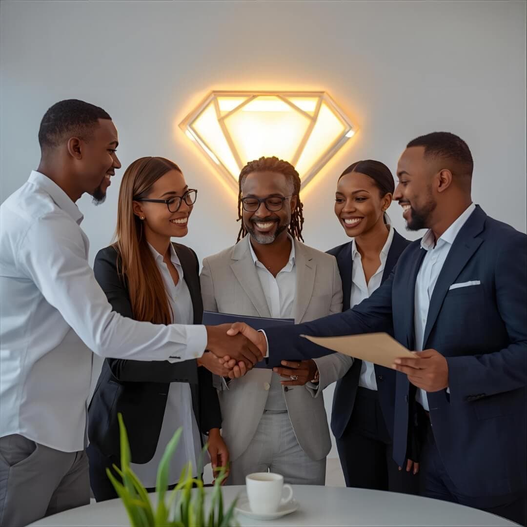 A happy member receiving keys to a new property, symbolizing financial success through the cooperative.