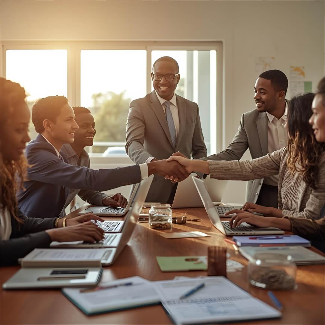 A group of diverse individuals in a professional yet friendly meeting, discussing plans.